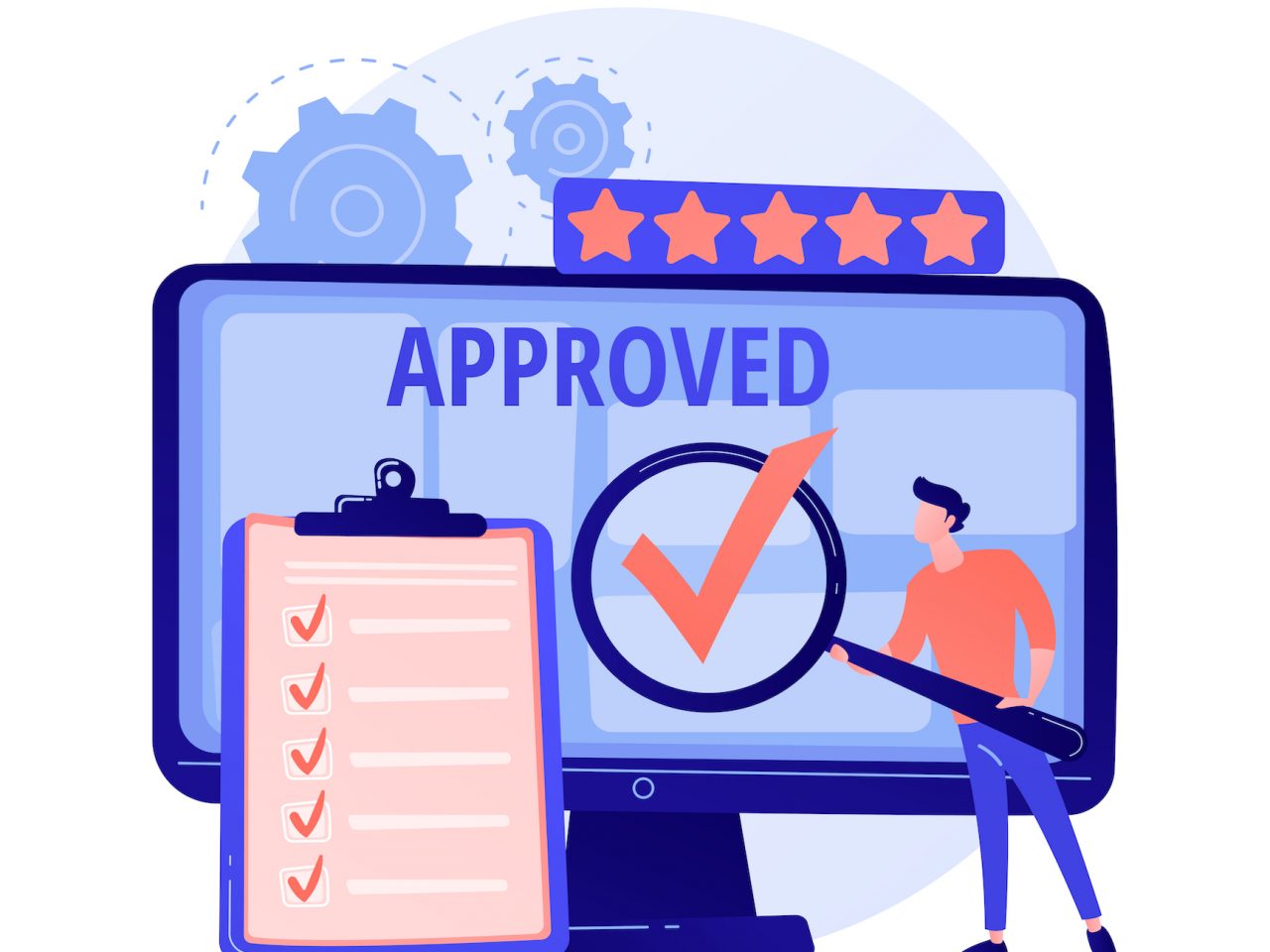 Expert approved. Cartoon character holding checkmark symbol on hand. Finished task, done sign. Satisfactory, official sanction, acceptance. Vector isolated concept metaphor illustration